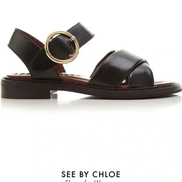 See by Chloe sandals LYNA flat black leather buckle 35.5 new - Picture 1 of 13